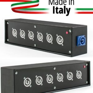 POWER-BOX NERO CIABATTA ALIMENTAZIONE PALCO POWERCON MADE IN ITALY SPIA RETE INGRESSO 20A NEUTRIK POWER-IN BLUE 6 20AMP POWER-OUT GREY