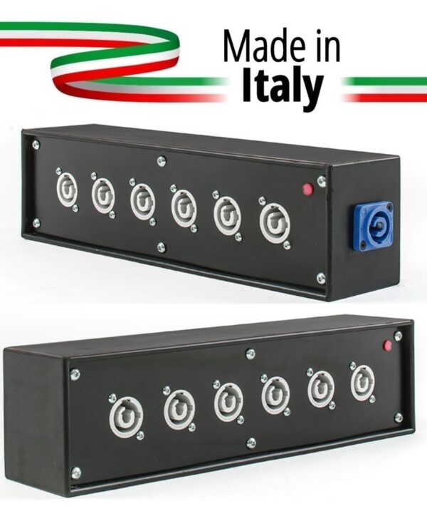 POWER-BOX NERO CIABATTA ALIMENTAZIONE PALCO POWERCON MADE IN ITALY SPIA RETE INGRESSO 20A NEUTRIK POWER-IN BLUE 6 20AMP POWER-OUT GREY
