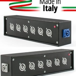 POWER-BOX NERO CIABATTA ALIMENTAZIONE PALCO POWERCON MADE IN ITALY SPIA RETE INGRESSO 16A 3P USCITE 6 20AMP POWER-OUT GREY LOOP 20A POWER-OUT
