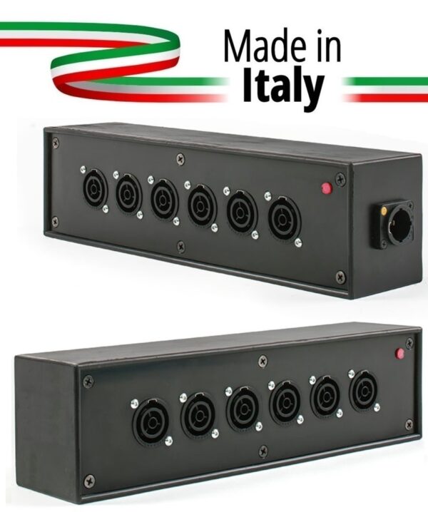 POWER-BOX NERO CIABATTA ALIMENTAZIONE PALCO POWERCON MADE IN ITALY SPIA RETE INGRESSO POWERCON TRUE1 16A USCITE 6 TRUE1 16A
