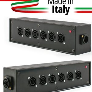POWER-BOX NERO CIABATTA ALIMENTAZIONE PALCO POWERCON MADE IN ITALY SPIA RETE INGRESSO POWERCON TRUE1 16A USCITE 6 TRUE1 16A LOOP TRUE1 16A