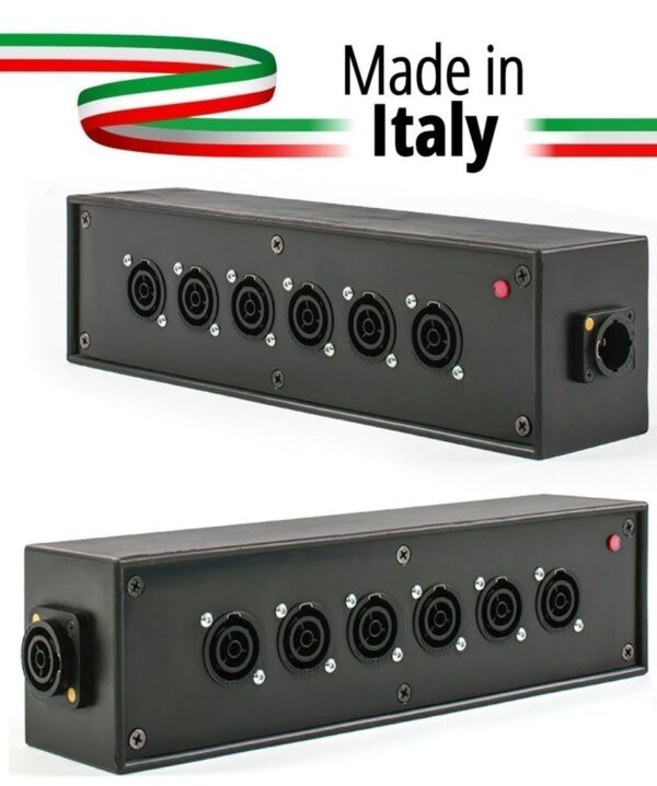 POWER-BOX NERO CIABATTA ALIMENTAZIONE PALCO POWERCON MADE IN ITALY SPIA RETE INGRESSO POWERCON TRUE1 16A USCITE 6 TRUE1 16A LOOP TRUE1 16A