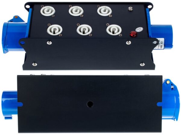 POWER-BOX NERO CIABATTA ALIMENTAZIONE PALCO POWERCON SPIA RETE INGRESSO 16A 3P USCITE 6 POWERCON 20AMP POWER-OUT GREY 16A LOOP OUT GRIGIO