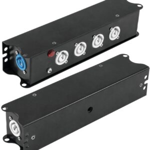 POWER-BOX NERO CIABATTA ALIMENTAZIONE PALCO POWERCON SPIA RETE INGRESSO POWER TWIST IN BLU USCITE 4 20AMP POWER TWIST OUT GRIGIO LOOP 20A POWER-OUT GREY