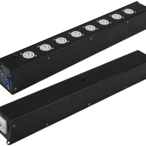POWER-BOX NERO CIABATTA ALIMENTAZIONE PALCO POWERCON SPIA RETE INGRESSO POWER TWIST IN BLU USCITE 8 20AMP POWER TWIST OUT GRIGIO LOOP 20A POWER-OUT GREY