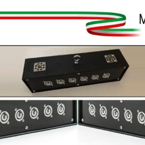 POWER-BOX NERO DA TRUSS CIABATTA ALIMENTAZIONE PALCO POWERCON MADE IN ITALY SPIA RETE INGRESSO 20A NEUTRIK POWER-IN BLUE 6 20AMP POWER-OUT GREY + LOOP