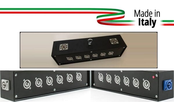 POWER-BOX NERO DA TRUSS CIABATTA ALIMENTAZIONE PALCO POWERCON MADE IN ITALY SPIA RETE INGRESSO 20A NEUTRIK POWER-IN BLUE 6 20AMP POWER-OUT GREY + LOOP