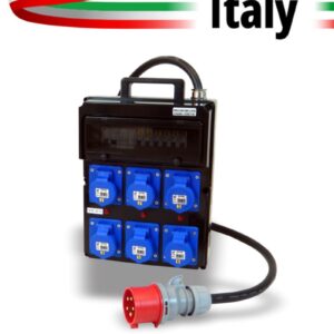 QUADRO CORRENTE POWERBOX POLICARBONATO PRESSACAVO METALLO SPIE RETE DA SPINA 32A MASCHIO 5P A 6 PRESE CEE 16A 2P+T FEMMINA