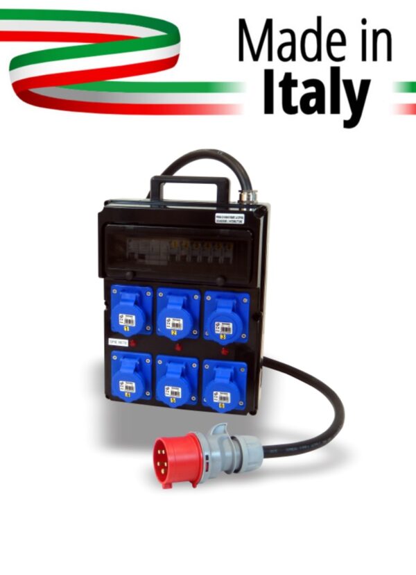 QUADRO CORRENTE POWERBOX POLICARBONATO PRESSACAVO METALLO SPIE RETE DA SPINA 32A MASCHIO 5P A 6 PRESE CEE 16A 2P+T FEMMINA