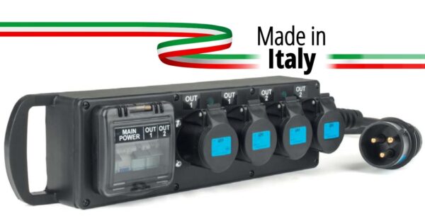 POWER-BOX PORTATILE INGRESSO SPINA 32A MASCHIO 3P CAVO 2MT USCITE 4 PRESE CEE 16A 3P PROTEZIONE 1 RCBO 32A + 2 MBC 16A