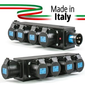 POWERBOX NERO CIABATTA ALIMENTAZIONE PALCO MADE IN ITALY SPIA RETE INGRESSO SPINA 16A 3P USCITE 5 PRESE 16A 3P+N+T