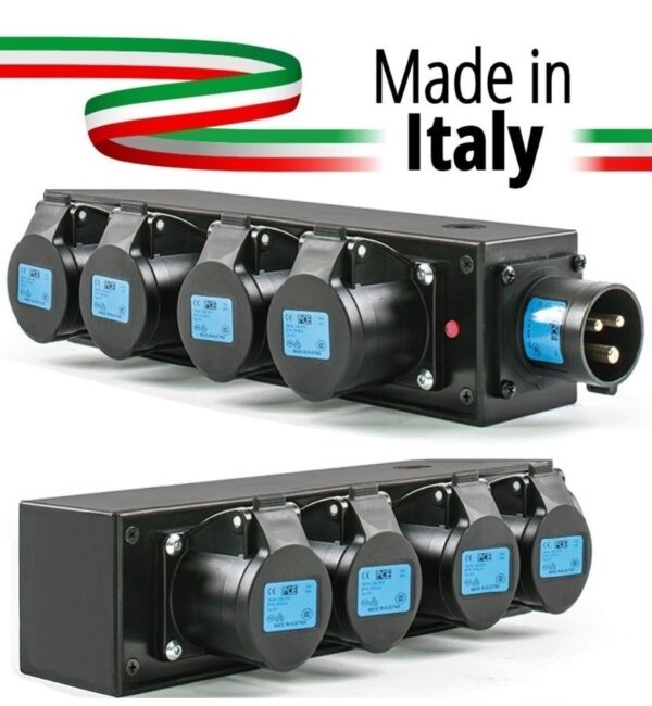 POWERBOX NERO CIABATTA ALIMENTAZIONE PALCO MADE IN ITALY SPIA RETE INGRESSO SPINA 16A 3P+N+T USCITE 4 X 16A