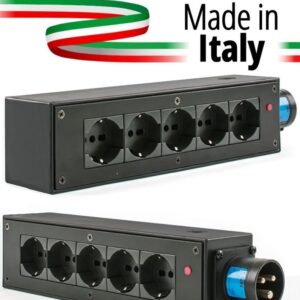 POWERBOX NERO CIABATTA ALIMENTAZIONE PALCO MADE IN ITALY SPIA RETE INGRESSO SPINA 16A 3P+N+T USCITE 5 X SCHUKO 16A 3P IP2X