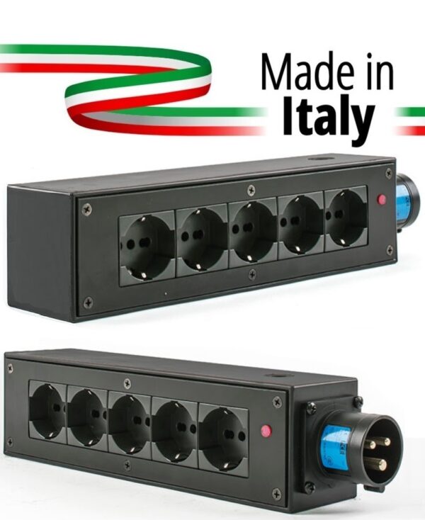 POWERBOX NERO CIABATTA ALIMENTAZIONE PALCO MADE IN ITALY SPIA RETE INGRESSO SPINA 16A 3P+N+T USCITE 5 X SCHUKO 16A 3P IP2X