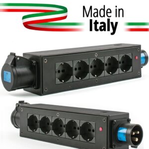 EXTREME POWERBOX NERO CIABATTA ALIMENTAZIONE PALCO MADE IN ITALY SPIA RETE INGRESSO SPINA 16A 3P 5-USCITE UNEL E PRESA LOOP OUT 16A