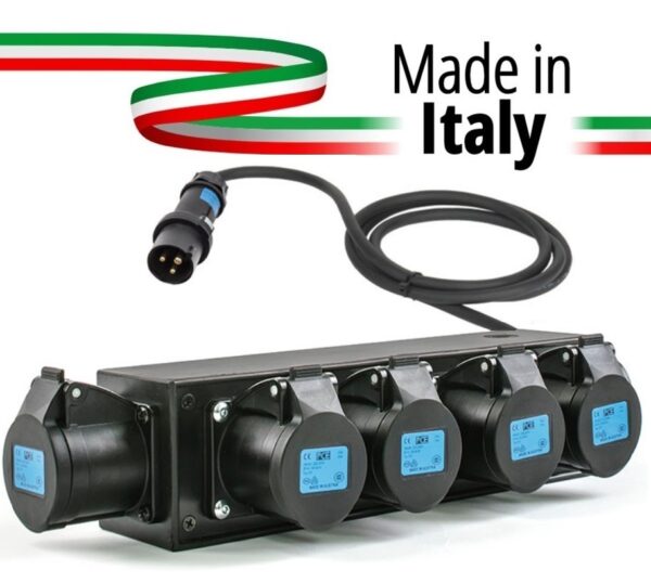 POWERBOX NERO CIABATTA ALIMENTAZIONE PALCO MADE IN ITALY SPIA RETE INGRESSO SPINA VOLANTE 16A 3P USCITE 5 PRESE 16A 3P+N+T