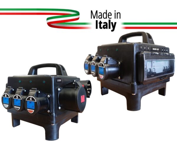 POWERBOX TARTARUGA GOMMA BUTILICA VULCANIZZATA SPINA PANNELLO 32A 5P 6 PRESE CEE 16A 3P SPIE RETE DOPPIA PROTEZIONE RCCB 40A + 6 MCB
