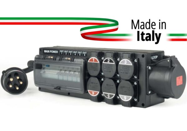 POWER-BOX SPINA 32A 5P IN + 32 OUT 3PH+N+E 400V LOOP + 6 PRESE SCHUKO 16A 3P IP54 - DOPPIA PROTEZIONE RCCB 40A + 6 MCB