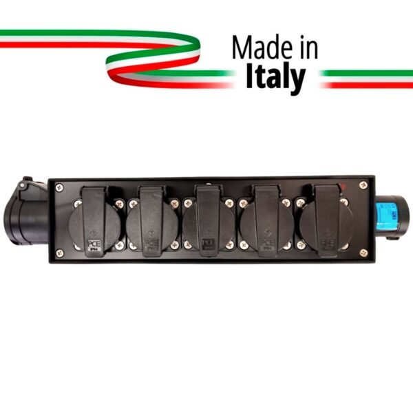 POWERBOX NERO CIABATTA ALIMENTAZIONE PALCO MADE IN ITALY SPIA RETE INGRESSO SPINA 16A 3P 4-USCITE SHUKO+10A IP54 E PRESA LOOP OUT 16A