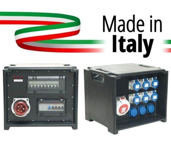 POWER-BOX CUBO SPIE RETE INGRESSO SPINA 32A MASCHIO 5P USCITE 6 PRESE CEE 16A 2P+ 3 SCHUKO 16A + 32A 5P LOOP