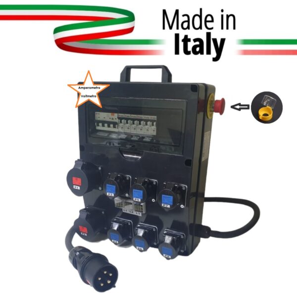 QUADRO CORRENTE POWERBOX SPINA 32A PENTAPOLARE TRIFASE 6 PRESE CEE 16A MONOFASE + 2 32A 5P 3 SPIE VOLTOMETRO AMPEROMETRO EMERGENZA