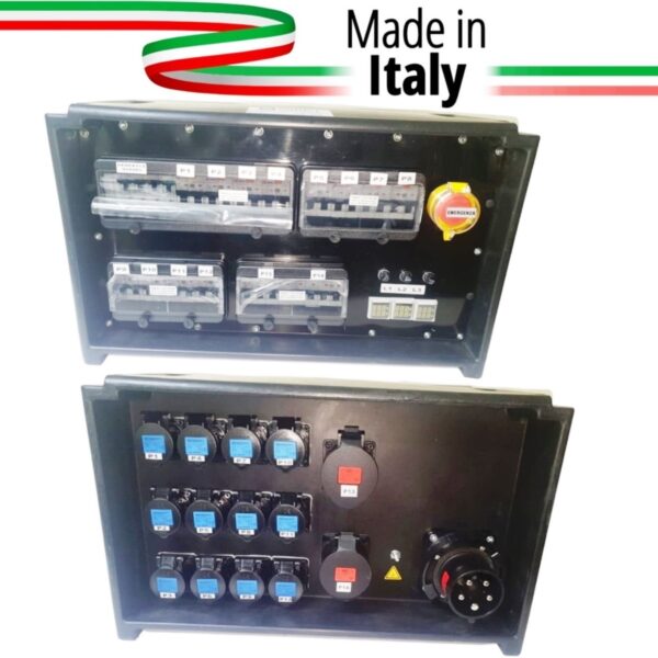 QUADRO CORRENTE POWERBOX SPINA 63A PENTAPOLARE TRIFASE 12 PRESE CEE 16A MONOFASE + 2 32A 5P 3 SPIE VOLTOMETRO AMPEROMETRO EMERGENZA