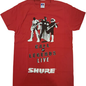 SHURE MAGLIETTA ROSSA CALL FOR LEGENDS LIVE T-SHIRT BRAND SHURE SCRITTA BIANCA SU SFONDO ROSSO