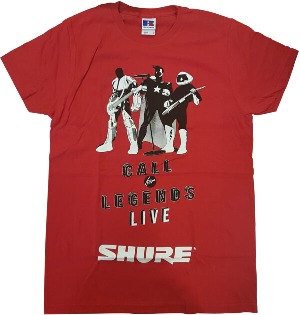 SHURE MAGLIETTA ROSSA CALL FOR LEGENDS LIVE T-SHIRT BRAND SHURE SCRITTA BIANCA SU SFONDO ROSSO