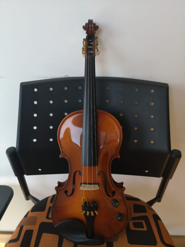 VIOLINO ELETTRICO 4/4 MADE IN EUROPE TOP ABETE MASSELLO ELETTRIFICATO PIOLI TASTIERA MENTONIERA ACERO + CASE + ARCHETTO USATO